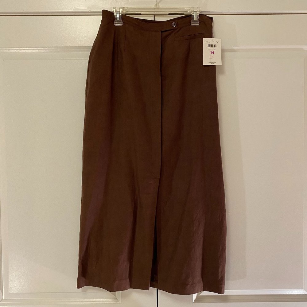Emma James Liz Claiborne A-Line Brown Linen Skirt with Button Front, Size 14